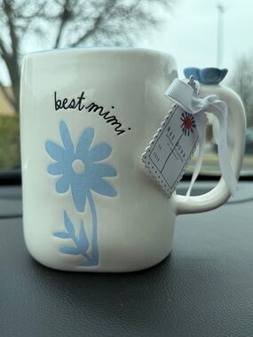 Rae Dunn “Best MiMi” Cream Mug with Light Blue Trim and Flower Accent 🪻NWT